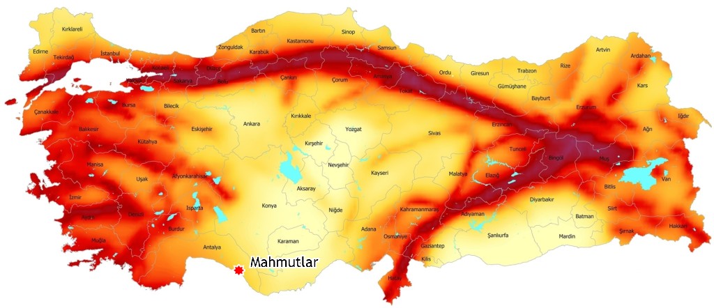 Махмутлар на карте сейсмической активности Турции